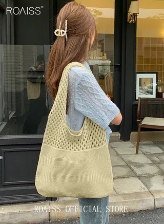 Women Knitted Shoulder Bag Solid Color Design Fashionable and Versatile Large Capacity Tote Bag 