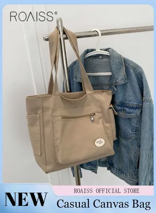 Women's Canvas Bag Large Capacity One Shoulder Messenger Tote Bag Casual Solid Color Versatile Work Commuting 