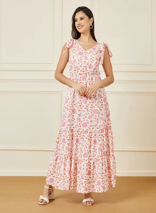 Floral Print Tie Up Sleeveless Tiered Maxi Dress 