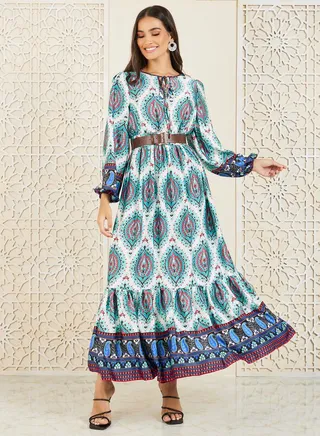 Bohemian Print Belted A-Line Maxi Dress 