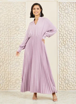 Accordion Pleated Notch Neck A-Line Maxi Dress 