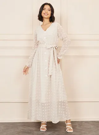 Swiss Dobby Button Detail A-Line Maxi Dress with Self Tie Up 