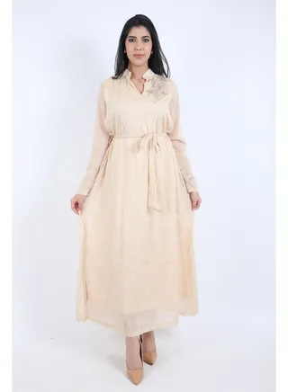 Maxi Dress With Long Sleeves and belt on the Waist ,Beige 
