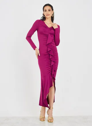 Frill Detail Gathered Front Bodycon Maxi Dress 