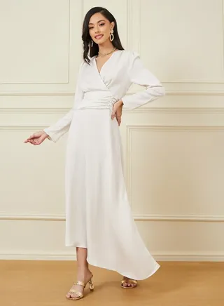 Gathered Waistband Wrap Front Maxi Dress