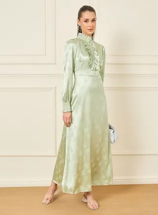 Satin Jacquard Print Ruffle Detail High Neck A-Line Maxi Dress 