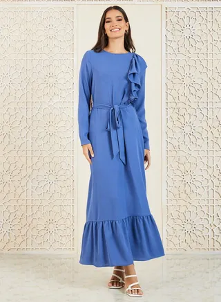 Ruffle Detail Tiered Maxi Dress with Self Tie Up 