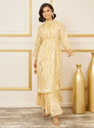 Foil Print Gathered Detail High Neck A Line Maxi Dress 