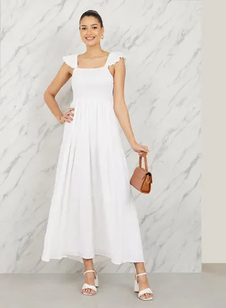 Smocked Detail Ruffle Sleeves Tiered Maxi Dress