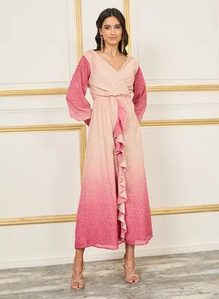 Ombre Foil Print Ruffle Detail A-Line Maxi Dress 