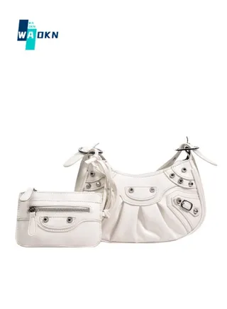 Women's Rivet Shoulder Bag with Integrated Small Card Holder, Ladies New Fashion Armpit Bag Crossbody Bag Sling Bag Side Bag Carry Bag, Fashionable Pleated Wallet Coin Purse(White） 