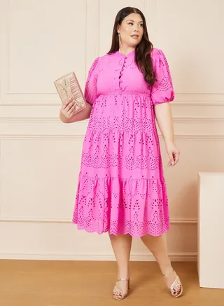 Laser Cut Out Detail Button Closure Tiered Midi Dress 