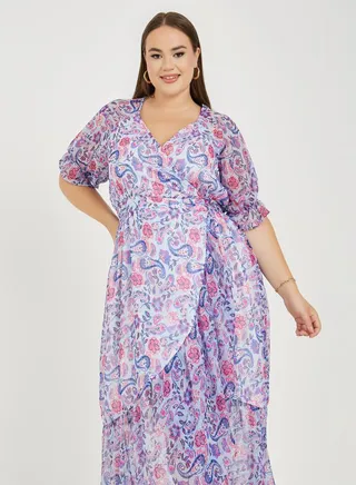 Plus Paisley Print Lurex Stripe Wrap Maxi Dress 