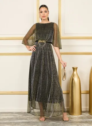 Plisse Lurex Chain Accent Waist A-Line Maxi Dress 