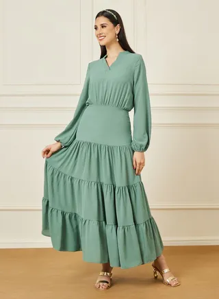 Solid Cuffed Sleeve Tiered Maxi Dress 