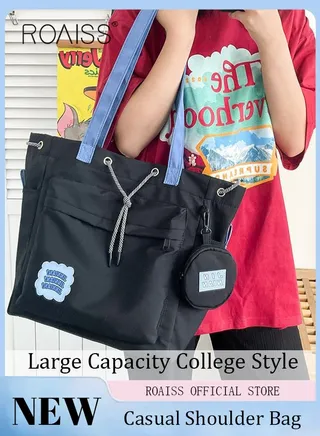 Large Capacity Shoulder Bag  Durable Macaron Color Scheme Smooth Zipper Solid Color Tote Bag 