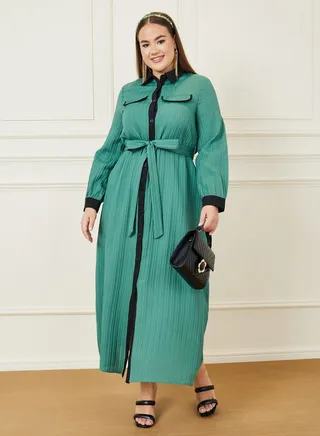 Textured A-Line Maxi Dress with Tie Belt 