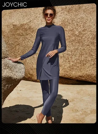 Two-piece Solid Color Conservative Swimsuit Women Summer Long Sleeved Trousers Full Coverage Sunscreen Swimwear Quick-drying Beachwear 