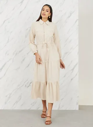 Pocket Detail Collared Tiered Maxi Dress 