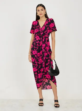 Floral Print Pleated Detail Wrap Sheath Midi Dress 