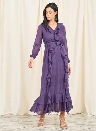 Shimmer Ruffle Detail Self Tie Up Maxi Dress 