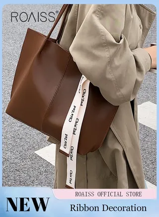 Women's Large-Capacity Bag All-Match Commuter Shoulder Bag Student Tote Bag Retro Texture with Fashion Ribbon 