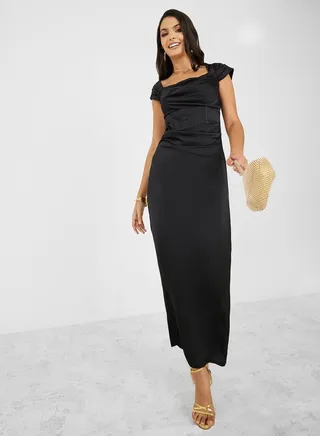 Cap Sleeve Square Neck Sheath Maxi Dress 