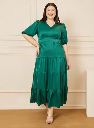 Satin Button Detail Tiered Maxi Dress 