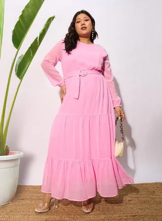 Plus Belted Tiered Maxi Dress with Sheer Sleeve 