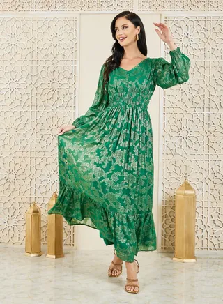 Foil Print Gathered Detail A-Line Maxi Dress 