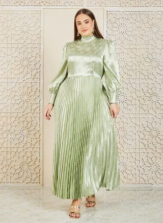 Satin Jacquard Print Accordion Pleats A-Line Maxi Dress