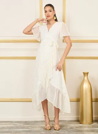 Dobby Lurex Sheer Wrap Midi Dress 