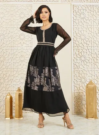 Embroidered Lace Detail Foil Print Tiered Maxi Dress