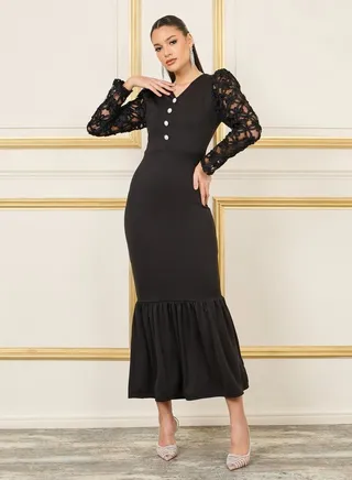 Lace Sleeves Button Detail Mermaid Midi Dress 