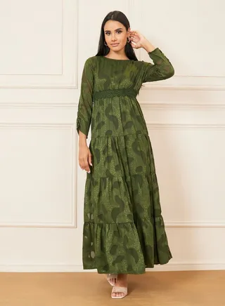 Burnout Texture Lace Detail Tiered Maxi Dress 