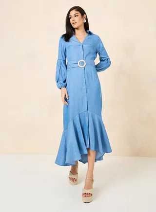 Asymmetrical Ruffle Hem Belted Maxi Dress 