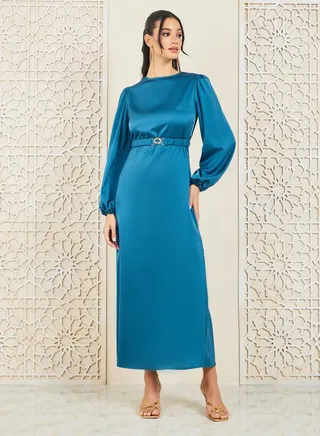 Satin Embellished Buckle Belted A-Line Maxi Dress 