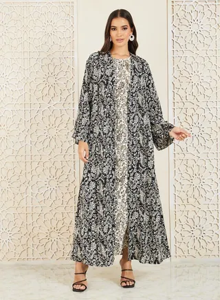 Paisley Print Self Tie Up Shift Maxi Dress and Kimono Set 