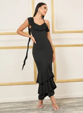 Frill Detail Layer Mermaid Maxi Dress 