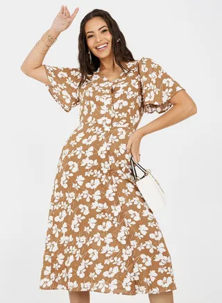 Floral Print A-Line Shirt Midi Dress 