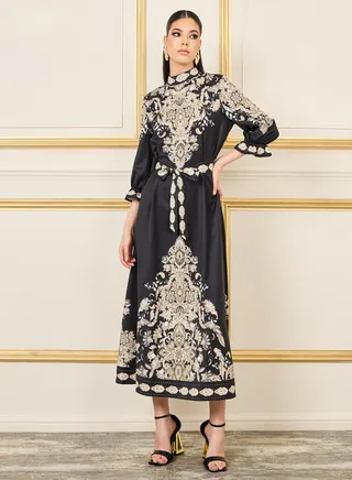 Baroque Print High Neck Maxi Dress with Self Tie Up 
