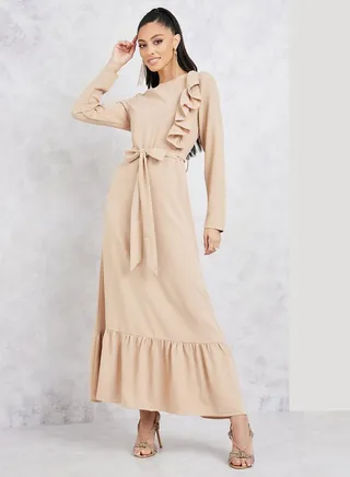 Ruffle Detail Tiered Maxi Dress with Tie Up Belt 