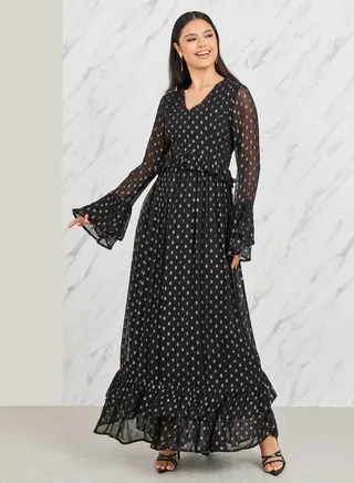 Lurex Dobby Ruffle Layer A-Line Maxi Dress 