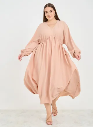 Plus Textured V Neck A-Line Maxi Dress 