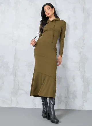 Hooded Sweatshirt Maxi Dress with Seam Detail 