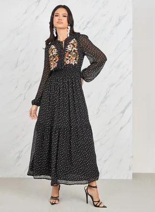 Floral Embroidered Spot Printed Smocked Waist Tiered Maxi Dress 