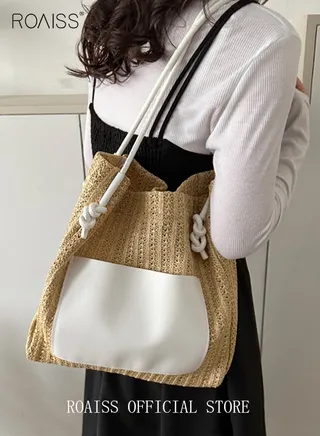 Women Woven Tote Bag Large Capacity Shoulder Crossbody Bag Retro Style Woven Craft Beach Bag 
