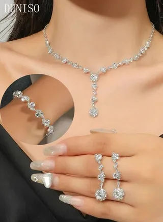 3Piece Jewelry Set With Necklace Bangle and Earrings Full Diamond V Neck Necklace Crystal Earrings Wedding Bridal Bridesmaid Costume Jewelry Set for Women and Girls Dress Accessories 