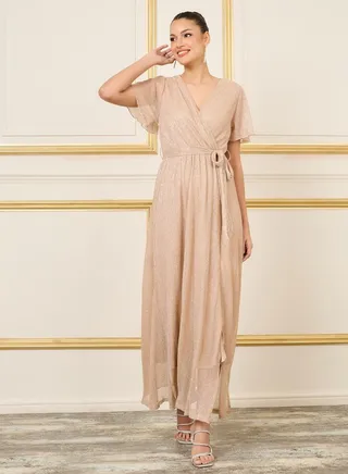 Shiny Plisse A-Line Maxi Dress with Self Tie Up 