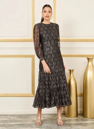 Foil Print Mesh Insert Tiered Midi Dress 